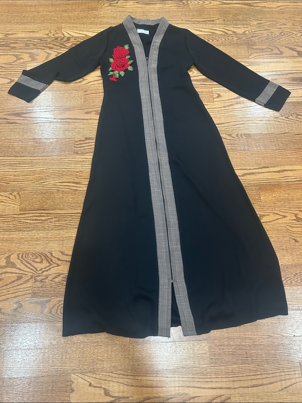 Black Maxi Dress abaya with Red Rose Embroidery